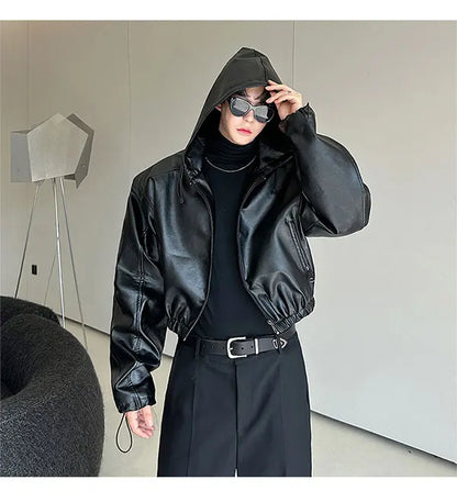 Spring Autumn Short Waterproof Black Pu Leather Jacket Men Hood Zipper High Waist Loose Casual Korean Fashion 2025