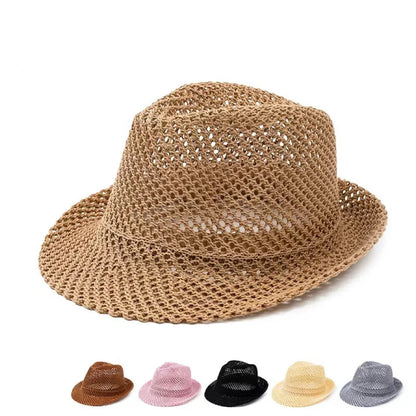 Mesh Hollow-Out Jazz Hat Summer Breathable Sun Protection Hat Straw Hat British Retro Casual Cool Hat
