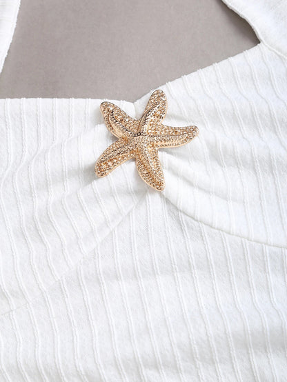 White Halter Neck Mini Dress Women's Ruffled Starfish Embellished Summer Casual Evening Gown