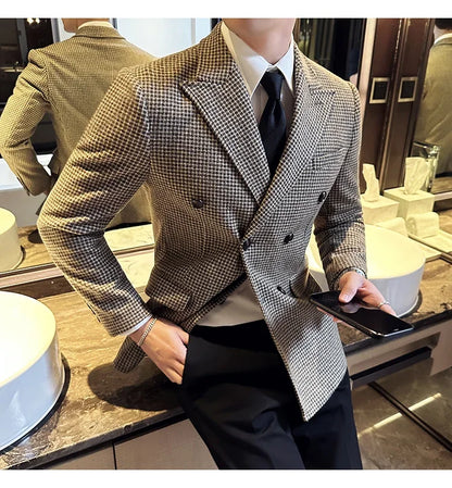 British Style Men Double Breasted Slim Fit Blazer 2024 New Houndstooth Slim Fit Suit Jacket Formal Business Wedding Dress Jacket