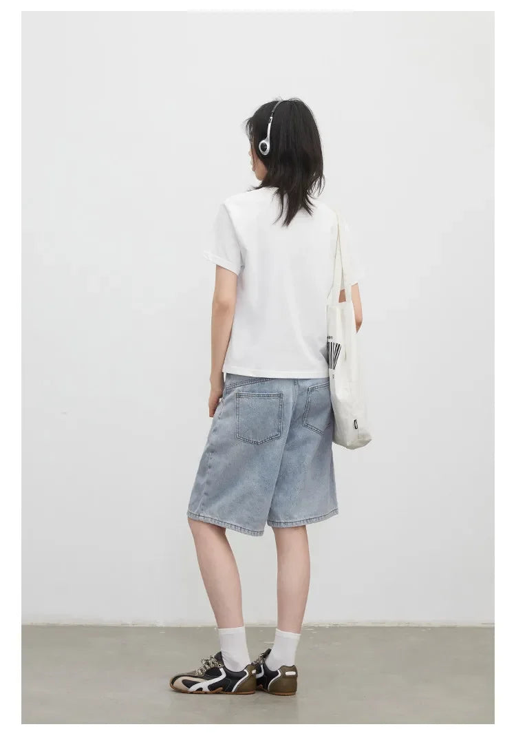Fashion Women Shorts Mid-length Blue New Dividing Line Design Retro Washed Cotton Straight Leg Short Jeans Summer 2026