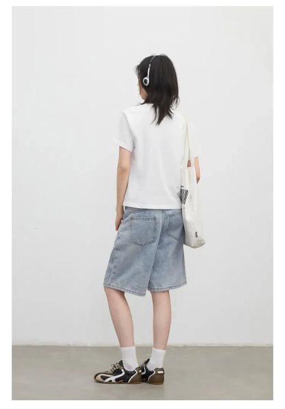 Fashion Women Shorts Mid-length Blue New Dividing Line Design Retro Washed Cotton Straight Leg Short Jeans Summer 2026
