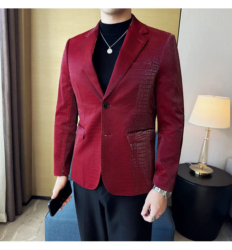 New High Quality Crocodile Stripe Slim Fit Leather Jacket Classic Business Casual Slim Fit Men Blazer Tuxedos Men Clothing 4XL-M