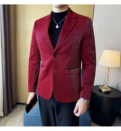 New High Quality Crocodile Stripe Slim Fit Leather Jacket Classic Business Casual Slim Fit Men Blazer Tuxedos Men Clothing 4XL-M