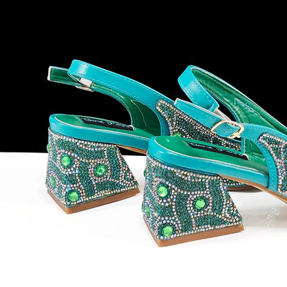 2024 Rhinestone Design INS Hot Sale New Arrivals African Shoes and Bag Set in Green Color Open Toe Comfortable Women Heels