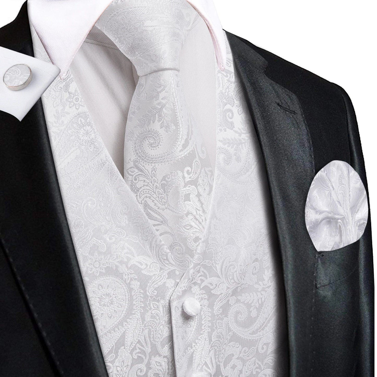 Men's Floral Vest & Tie Hanky Cufflinks Set – Formal Biege Grey White Waistcoat for Weddings Events Party Gift