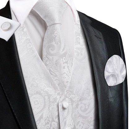 Men's Floral Vest & Tie Hanky Cufflinks Set – Formal Biege Grey White Waistcoat for Weddings Events Party Gift
