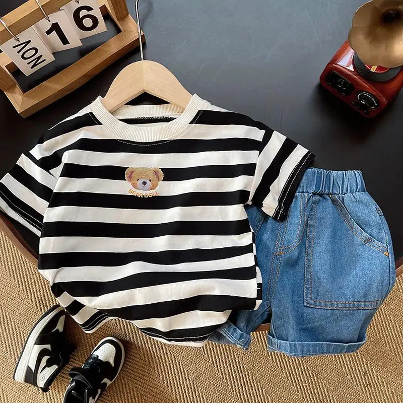 New Baby Boy Clothes Summer Children Suit Causal Striped Cartoon Tshirt Jeans 2Pcs/Set Kids Fashion OutfitsToddler Tracksuits