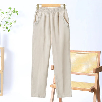 Summer Casual Washed Cotton Women's Plus Size Pants 2025 Elastic Waist Office Casual Outdoor Trousers Breathable Cool Clothing