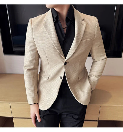 Bright Silk Thousand Bird Grid Suit Jacket Korean-style Business Fashion Slim Fit Single Breasted Men Social Party Dress Coats