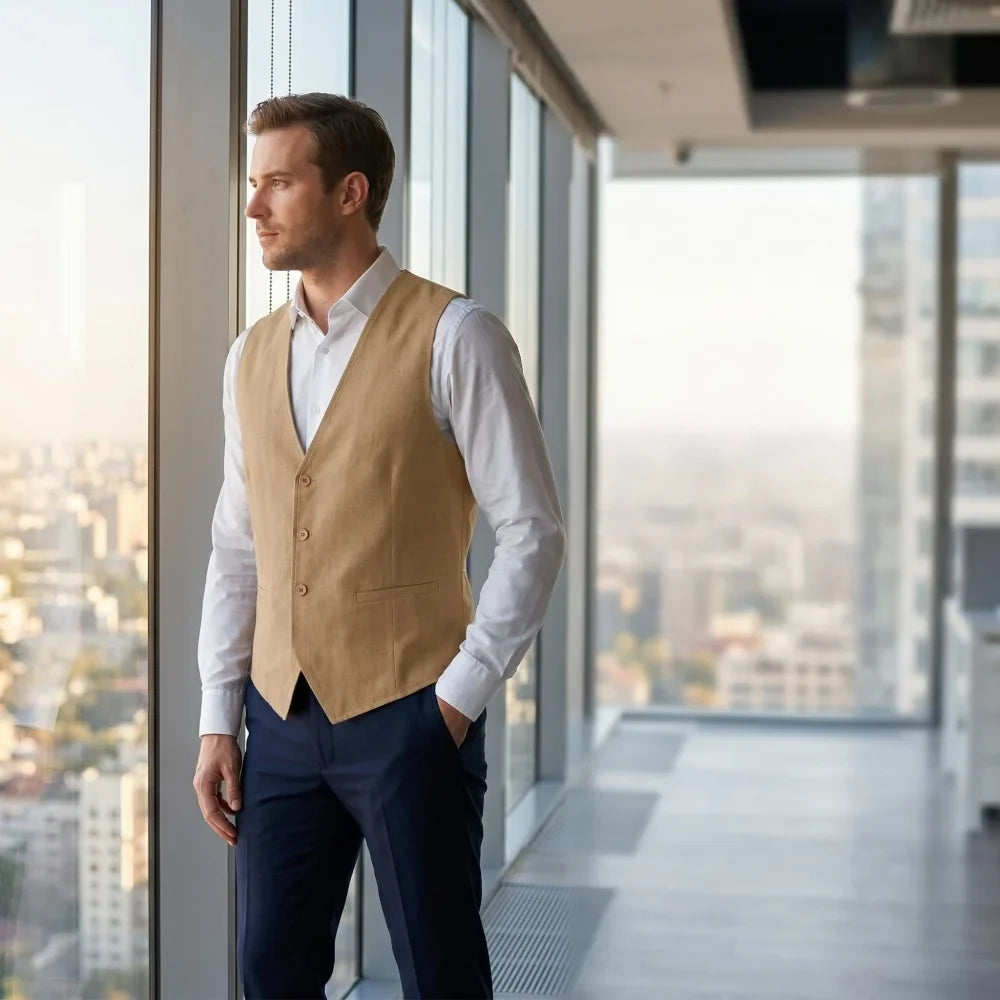 V Neck Men's Linen Vest Single Breasted Vintage Real Pocket Men's Summer Linen Waistcoat For Wedding