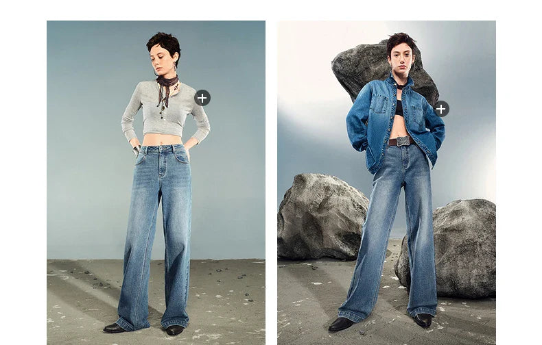 Women Denim Jeans 2025 Autumn New Lycra Stretch Washed Wide Leg Straight Long Pants
