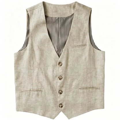 Beige Linen Men's Vest V Neck Summer Waistcoat Single Breasted Light Weigt Men's Suits Vest