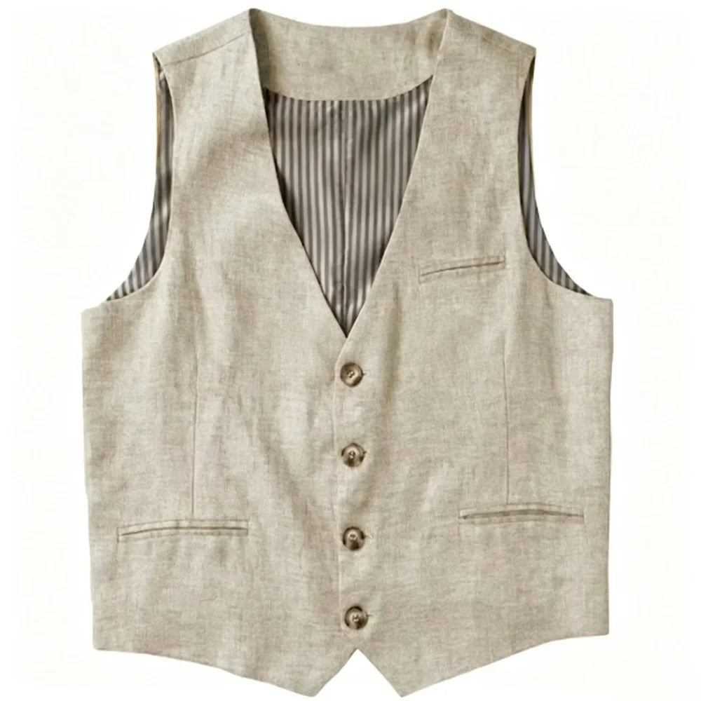 Beige Linen Men's Vest V Neck Summer Waistcoat Single Breasted Light Weigt Men's Suits Vest