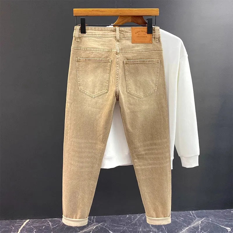 Elegant Slim Fit Men's Jeans Casual Khaki Straight Leg Elastic Fashionable City Style Summer Denim Pants Youth Wear