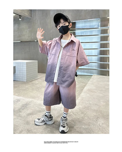 Fashion Kids Clothing Set Shirt Shorts Summer Suit for Teenage Boy Loose Casual Gradient Color Clothes Set Child Luxury Outfit