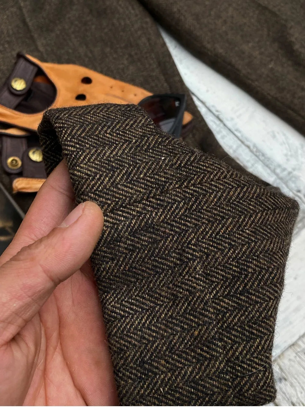 British-Style Vintage Wool Herringbone Pattern Men's Trousers, Large Size, Loose Straight-Leg Naples Men's Pants