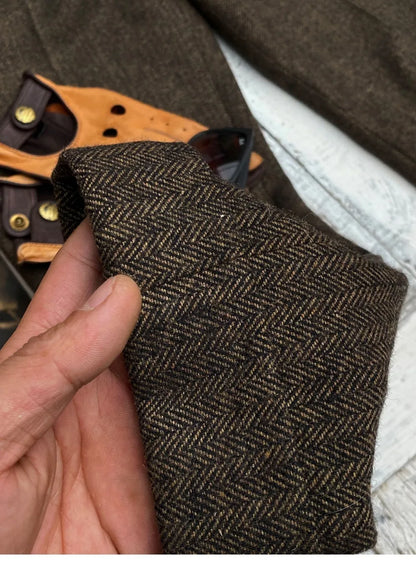 British-Style Vintage Wool Herringbone Pattern Men's Trousers, Large Size, Loose Straight-Leg Naples Men's Pants