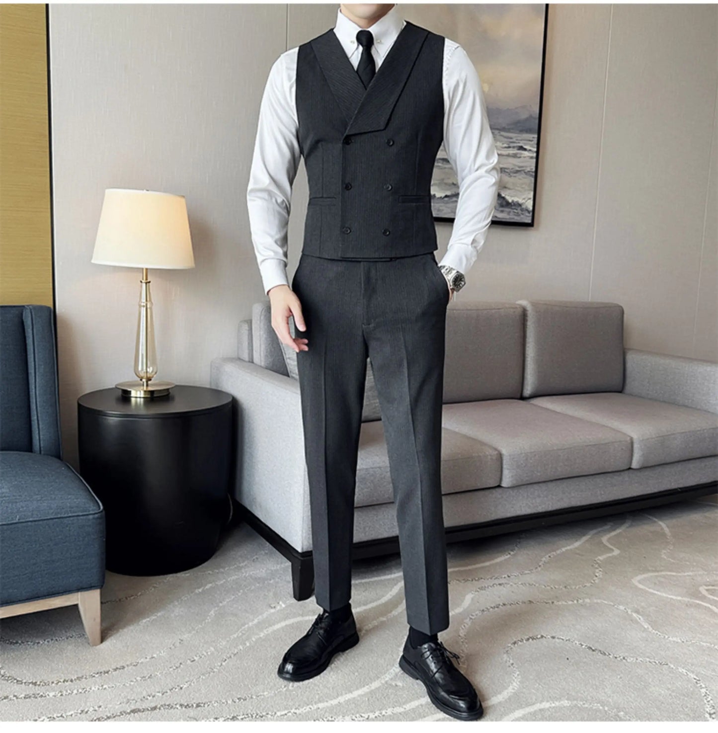 ( Vest + Pants) Double Breasted Stripe Suit Vest With Pants New Men Fashion Slim Business Casual Wedding Dress Vest 2 Pcs Sets