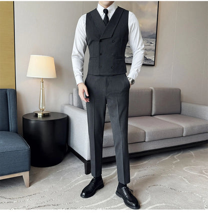 ( Vest + Pants) Double Breasted Stripe Suit Vest With Pants New Men Fashion Slim Business Casual Wedding Dress Vest 2 Pcs Sets