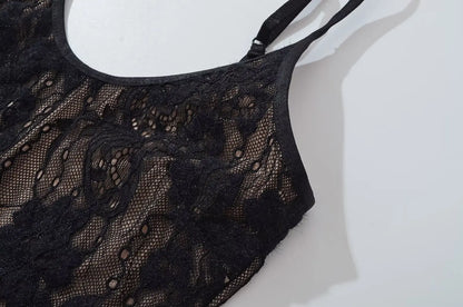 Sexy See Through Lace With Lining Backless Spaghetti Strap Bodysuit Woman Sling Tight Short Jumpsuit Slim Fit Rompers Playsuits