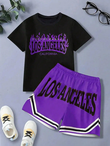 Flame Los Angeles letter graphic printed short sleeved T-shirt and shorts set, comfortable summer boys' clothing