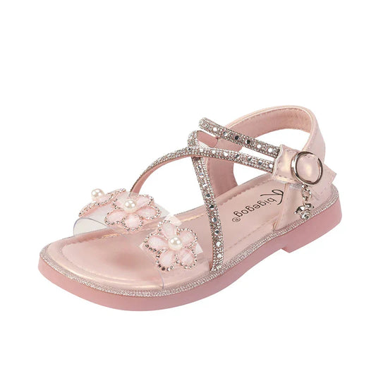 Girls Princess Sandals Children Summer Beach Shoes Soft Bottom Anti-slippery Fashion Kids Flowers Rhinestone Sandals Size 23-36
