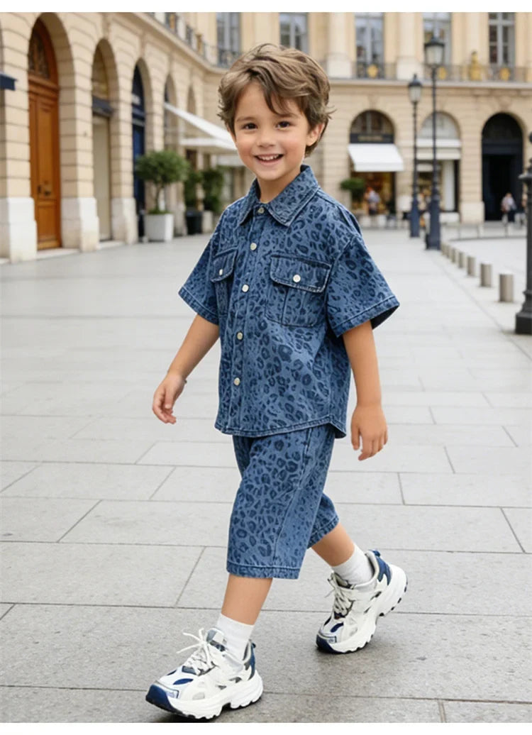 Trend Kids Boy Summer Leopard Denim Suit Two Piece Outfit Set y2k Denim Shirt And Shorts Clothing Set for Baby Child Streetwear