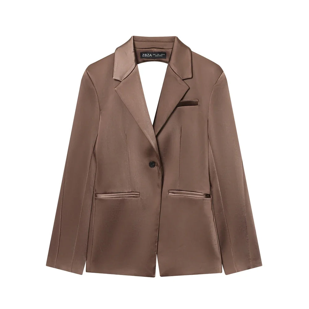 backless Satin Texture Blazers Women Fashion Autumn Winter Back hollow design Long Sleeve Single Buckle Suits Jacket coats