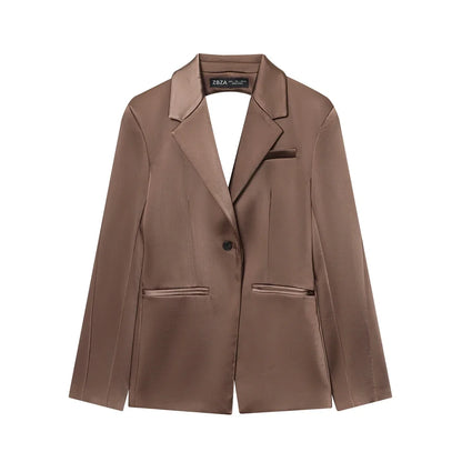 backless Satin Texture Blazers Women Fashion Autumn Winter Back hollow design Long Sleeve Single Buckle Suits Jacket coats