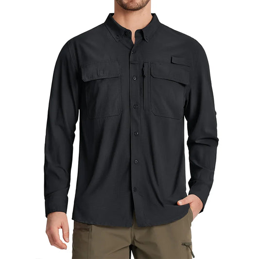 UPF 50+ Sun Protection Fishing Shirts Men's Quick Dry Long Sleeve Shirts Mesh Breathable Hiking Work Cargo Shirts