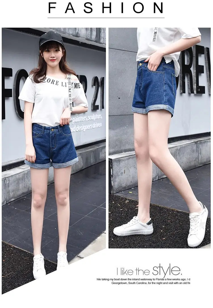 High-Waist Cuffed Denim Shorts Women Summer Korean Style Student Loose Slimming Outerwear A-Line Wide Leg Hot Pants Y2K Shorts