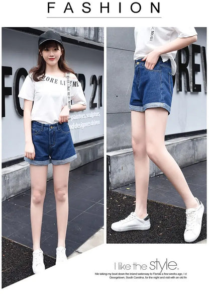 High-Waist Cuffed Denim Shorts Women Summer Korean Style Student Loose Slimming Outerwear A-Line Wide Leg Hot Pants Y2K Shorts