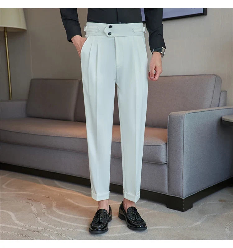 British Style Autumn New High Waist Trousers Men Belt Design Slim Fit Suit Pants Office Social Wedding Party Formal Pants Hommes