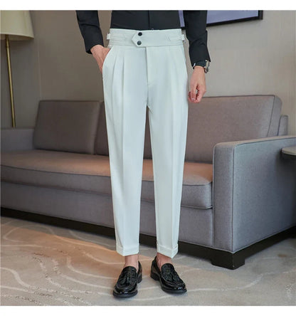 British Style Autumn New High Waist Trousers Men Belt Design Slim Fit Suit Pants Office Social Wedding Party Formal Pants Hommes
