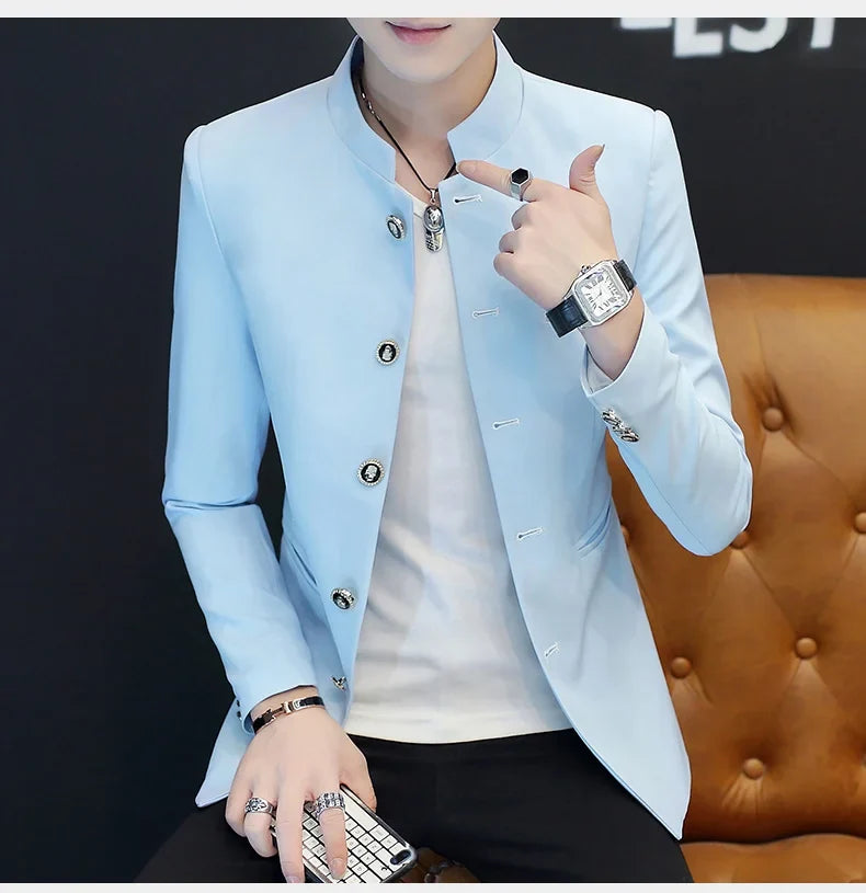 2024 Men's Slim Fit Long Sleeve Casual Suit Korean Trend Stand Collar Fashion Handsome Male Suit