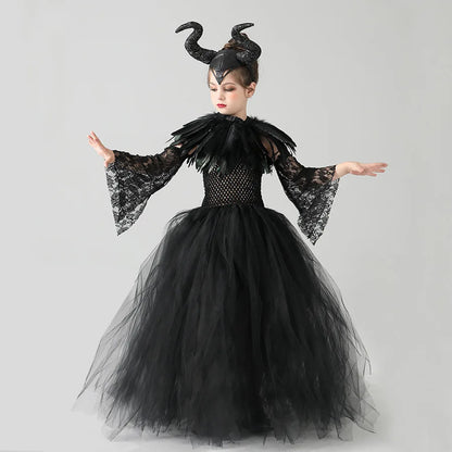 Halloween Maleficents Costume for Girls Evil Queen Dress Up Costumes Witch Devil Black Tulle Mesh Princess Dress Cosplay Clothes