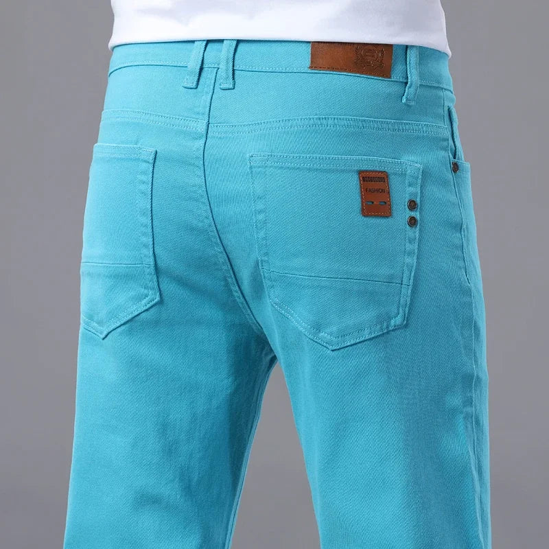 Slim Elastic Jeans Men's Colorful Fashion Korean Pants Spring Autumn Soft Comfortable Casual Straight Denim Trousers Streetwear