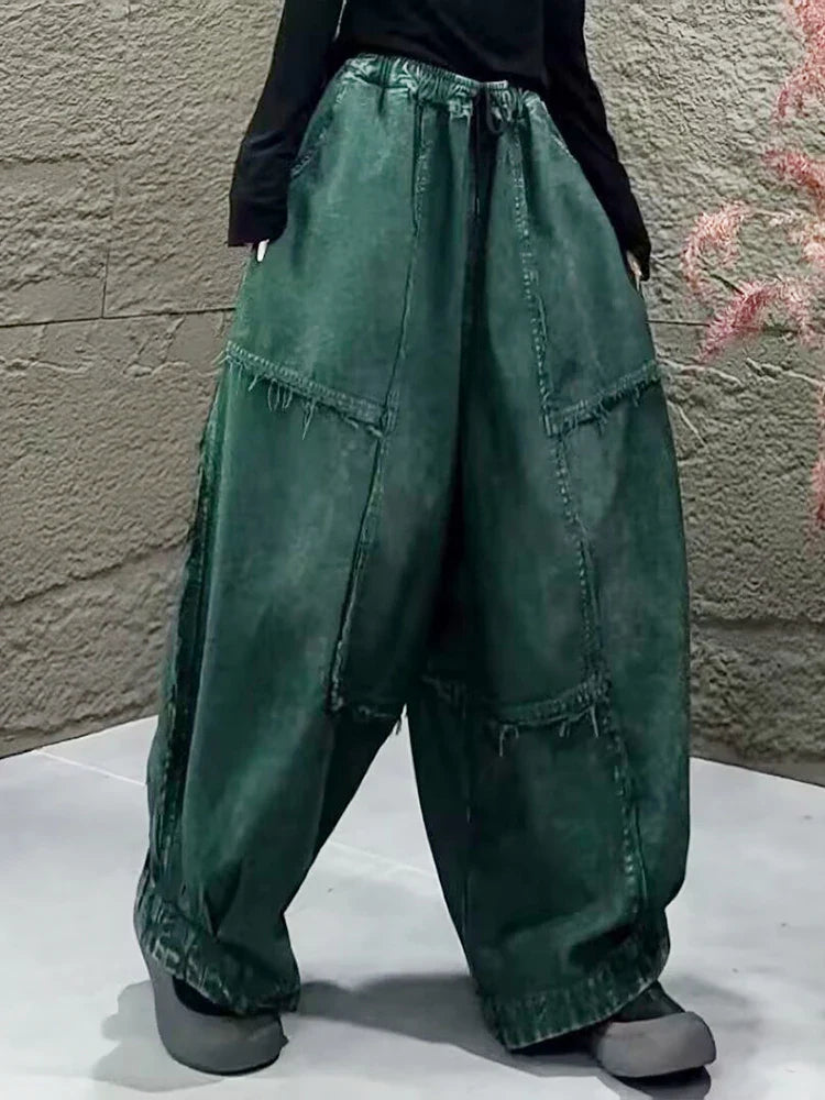 Amax LuluE Korean Winter Fashion Jeans Womens Loose Vintage Design Denim Wide Leg Pants Classic Leisure Elastic Waist Trousers