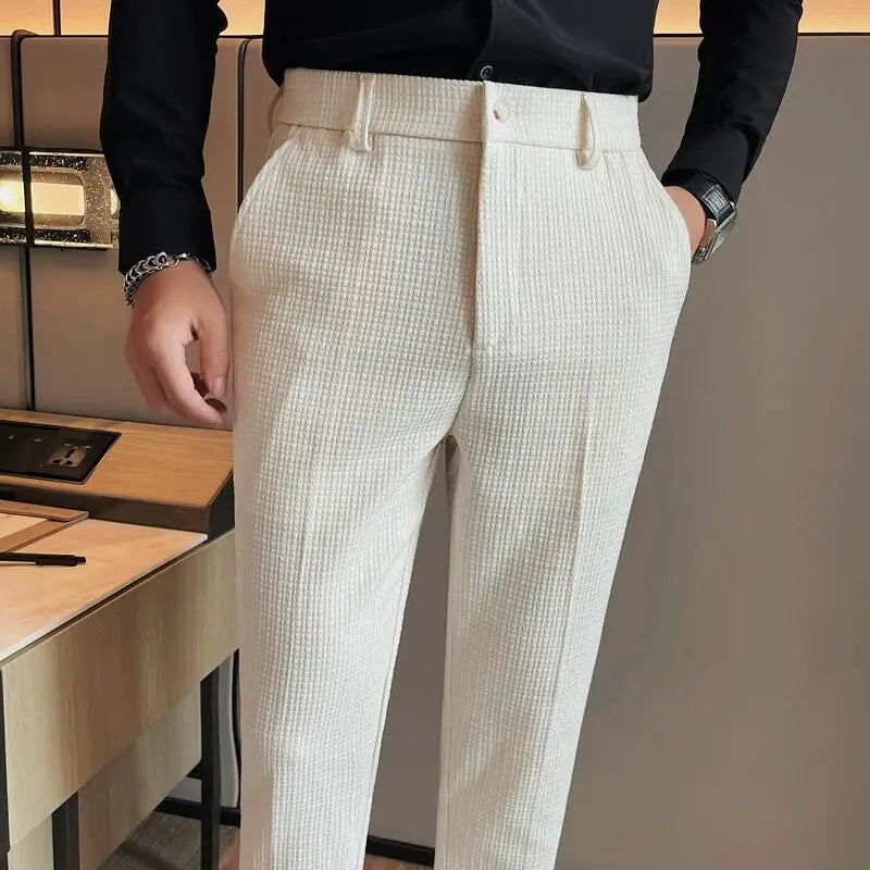 Men's Waffle Casual Pants Fashion Korean Stretch Waist Business Formal Pants Mens Social Party Suit Pants Streetwear Pencil Pant