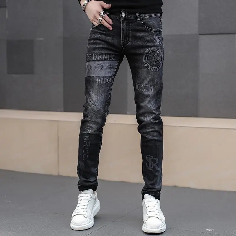 Harajuku Fashion Men's High-end Embroidered Jeans Korean Style Prints Patches Slim Fit Casual Spring Autumn Cowboy Trousers