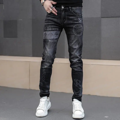 Harajuku Fashion Men's High-end Embroidered Jeans Korean Style Prints Patches Slim Fit Casual Spring Autumn Cowboy Trousers