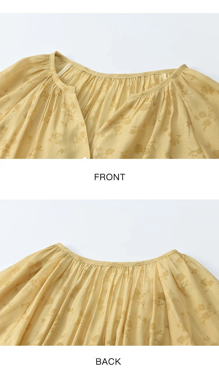Elegant Woman Shirt 2025 Autumn Yellow Printing Lantern Sleeves Shirt Commute Drawstring Waist Lace Trim Top MXE45X2499