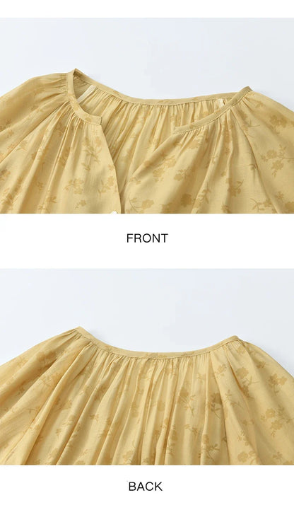 Elegant Woman Shirt 2025 Autumn Yellow Printing Lantern Sleeves Shirt Commute Drawstring Waist Lace Trim Top MXE45X2499