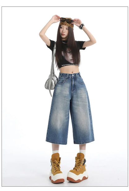 Women's American Vintage High Waist Denim Capri Design Sense Straight Leg Wide Leg Casual Shorts
