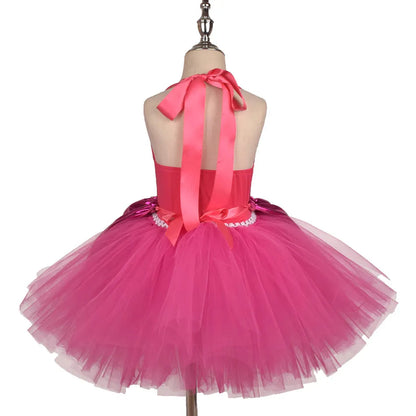 Princess Girls Rosy Knee Length Rose Red Tutu Dresses for Girl Letter B Birthday Party New Year Christmas Costumes Margot Robbie