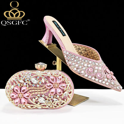 New Design Specials Italian Women Heels Shoes and Bag in Pink Color Comfortable Heels With Rhinestone for Part