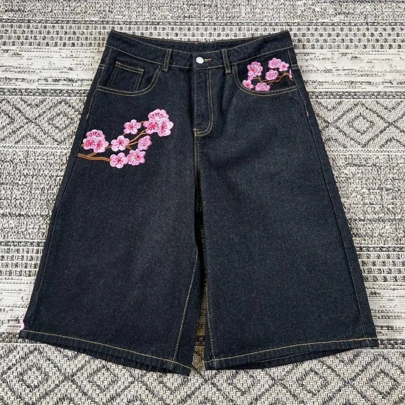 2026 American New Geometric Cherry Blossom Embroidery Wash Jeans Shorts Women Y2K Gothic Hip Hop Popular Casual Joker Shorts