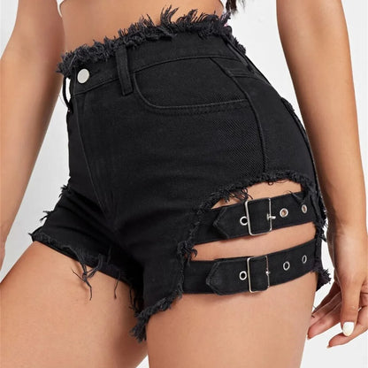 2026 Summer Hot High Waisted Street Style Girls' Ripped Denim Shorts with Rough Edges