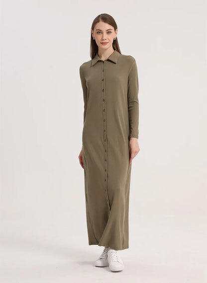 AS 2024 maxi dress button design woman clothes full sleeve Ankle Length comfortable ribbing clothing  ( Ship out in 1 day)